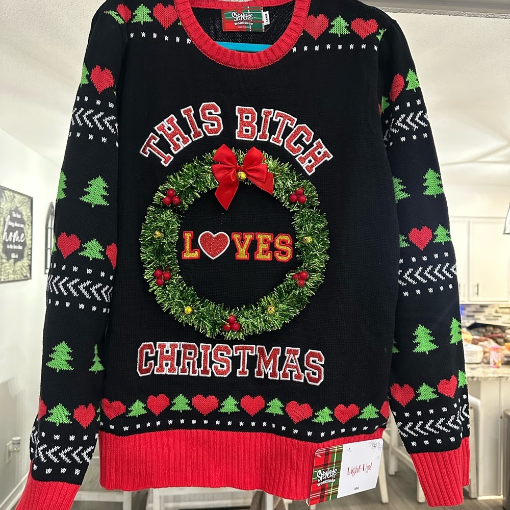 Spencer's,NWT, Ugly Christmas sweater, “This bit@@ loves Christmas” woman size L